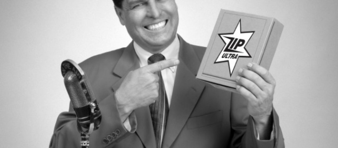 Retro pitch man in black and white from a 1950's era TV commercial